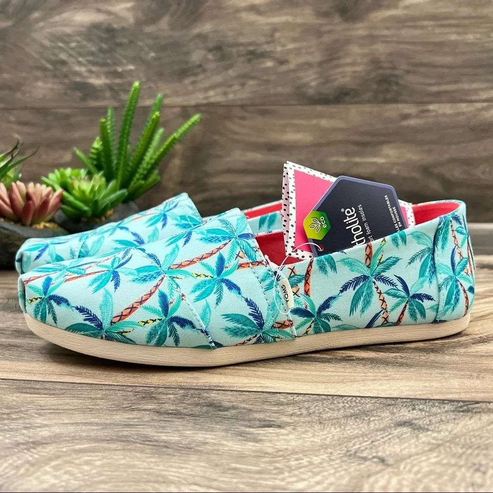 NIB Toms Alpargata Loafer Flats Soft Blue Paper Source Palm Trees Print 8